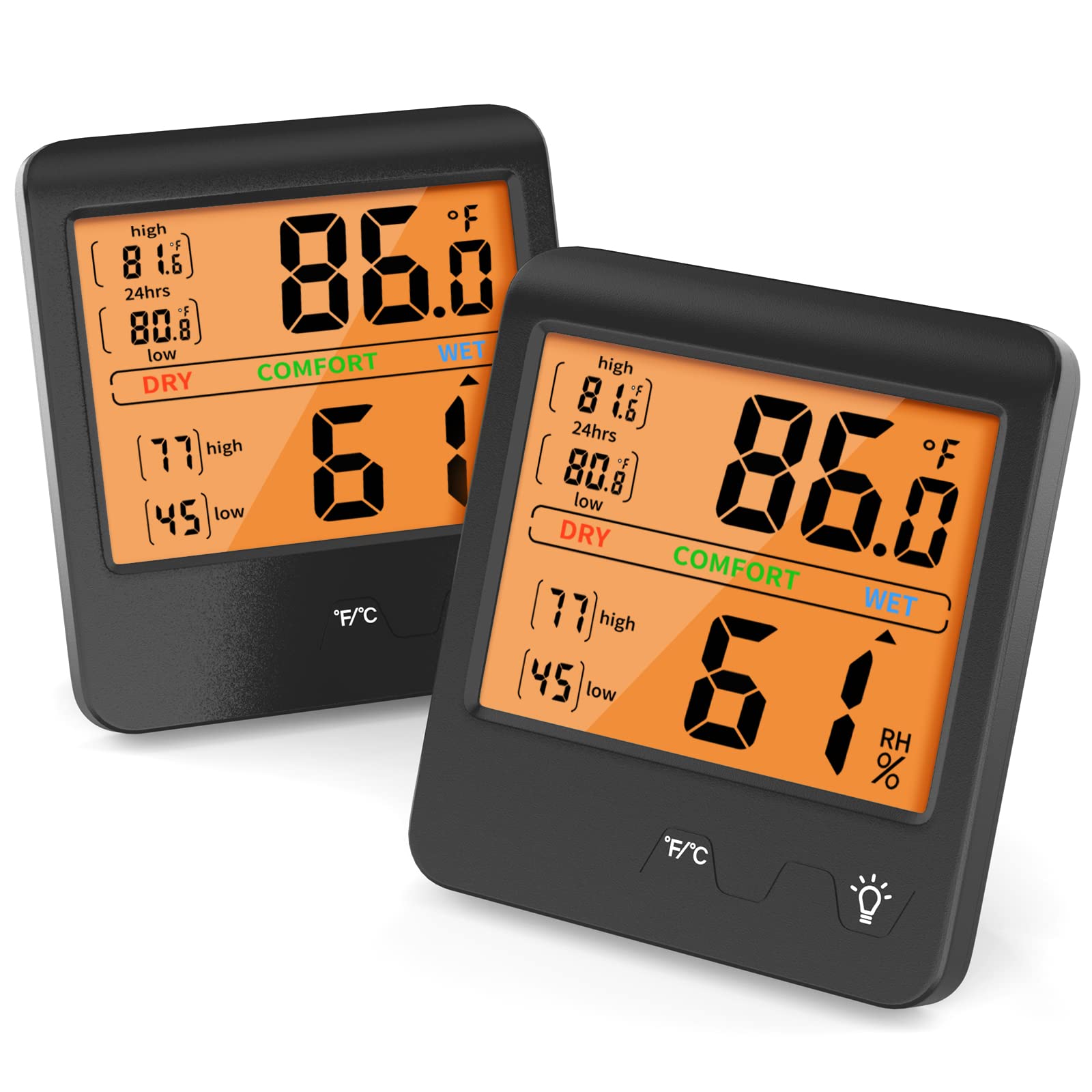 Photo 1 of 2 pcs Indoor Thermometer for Home, Digital Hygrometer, Room Temperature and Humidity Monitor with Large LCD Backlight for Greenhouse Baby Room Office Black 2 Pack
