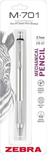 Zebra Pen, M-701 - Portaminas con punta de 0.028 in, barril de acero inoxidable duradero, agarre de metal moleteado, recargable, serie STEEL, ideal