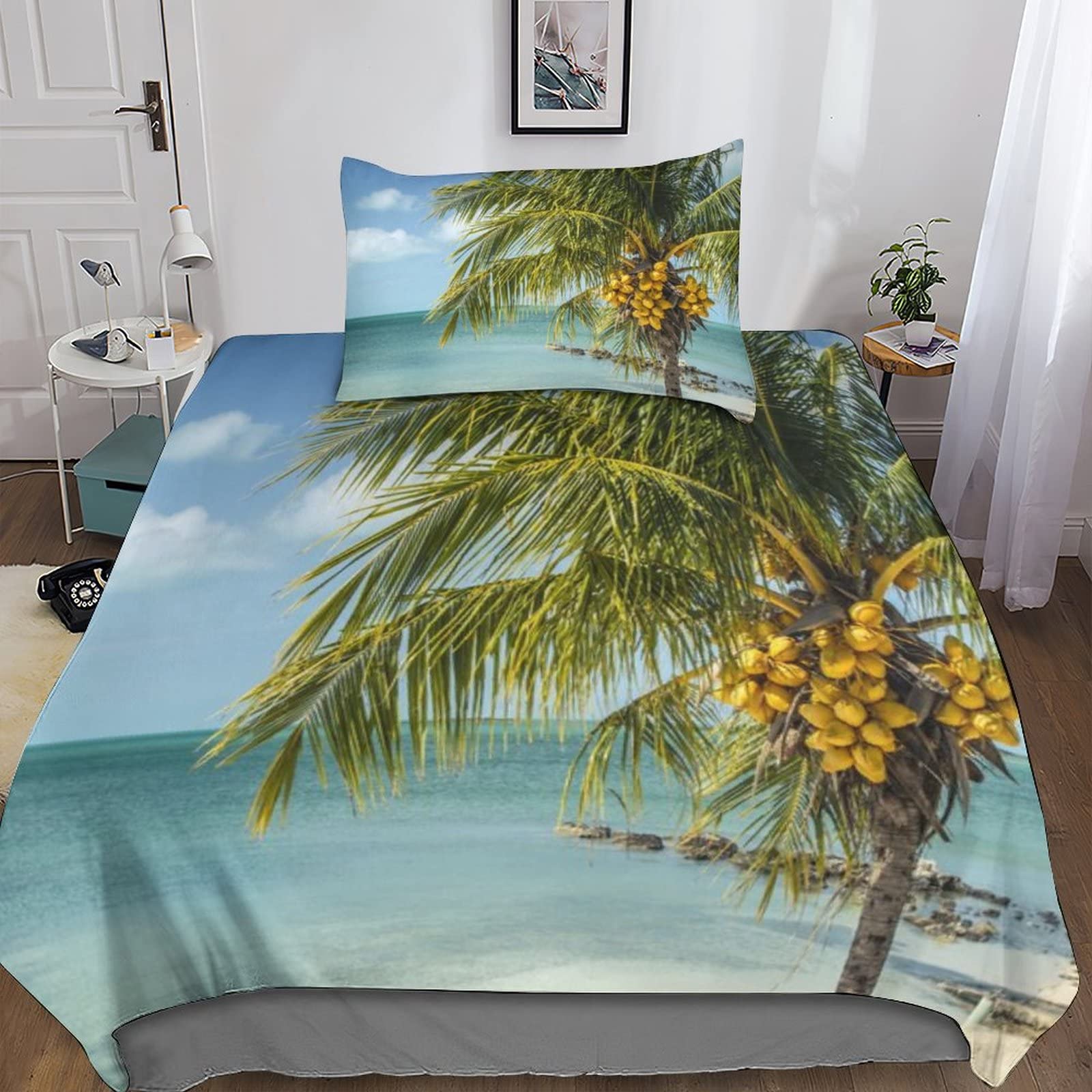 Housse de couette en polycoton Hawaï motif plages exotiques et taies d'oreiller