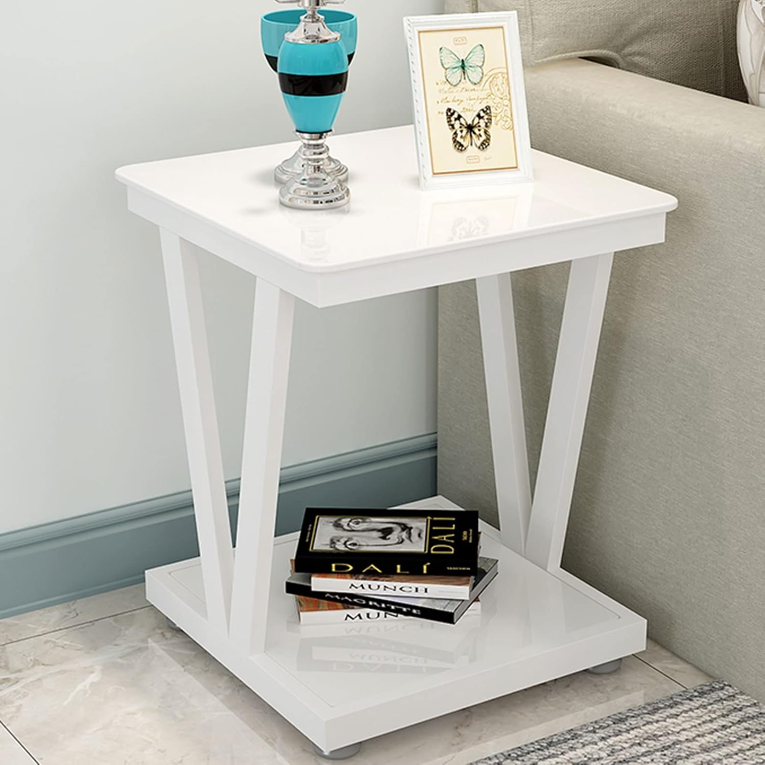 End Table Tempered Glass Top Side Coffee Table Coffee Bistro Glass Table Outdoor Backyard Lawn Balcony Pool Square Table Metal Frame End Table Furniture Side Table with Storage Color White