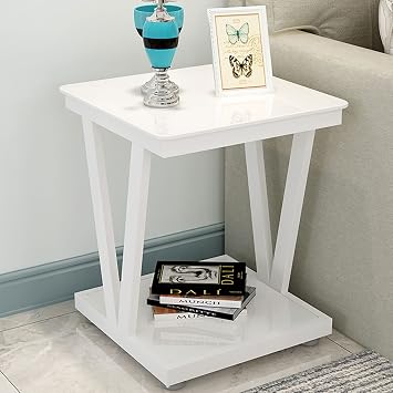 End Table Tempered Glass Top Side Coffee Table Coffee Bistro Glass Table Outdoor Backyard Lawn Balcony Pool Square Table Metal Frame End Table Furniture Side Table with Storage Color White