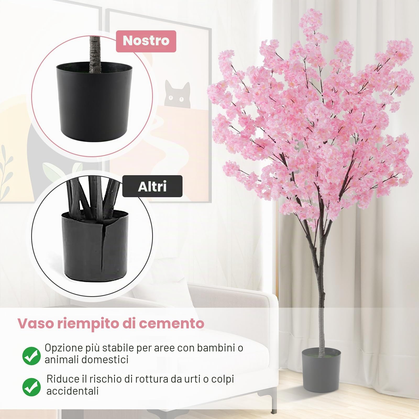 GIANTEX Albero di ciliegio artificiale alto 190 cm con 1170 fiori rosa, Meceta pieno di cemento, pianta decorativa interna per festa di matrimonio, ingresso, soggiorno