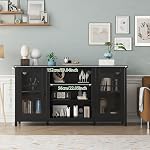 60 Inch Modern TV Stand, TV Stand Media Console with Storage Cabinets & Power Outlets, with Grid Acrylic Doors, Farmhouse Wood Entertainment Center for Living Room, Office Black