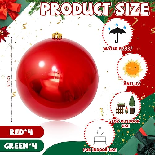 Miniatura 2 de Barydat 8 adornos de bola de Navidad de 8 pulgadas, bolas de plástico resistentes a los rayos UV y al agua, bolas grandes y brillantes, adornos de