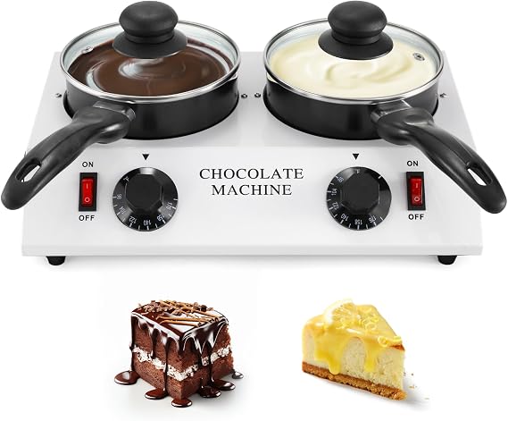 Electric Chocolate Melting Pot, Dual 1L Ceramic Nonstick Pots, PTC Heating, 86-185F Independent Temp Control, 80W 110V Chocolate Tempering Machine for Candy Making, Fondue & Dipping