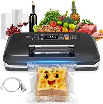 95KPa Powerful Vacuum Sealer Machine, 12-in-1 High-Speed Food Sealer, Dry&Moist Modes Smart Suction Vacuum Machine, Built-in Cutter, Easy-Lock Handle, Double Heat Seal, 1 Roll&10 Bags