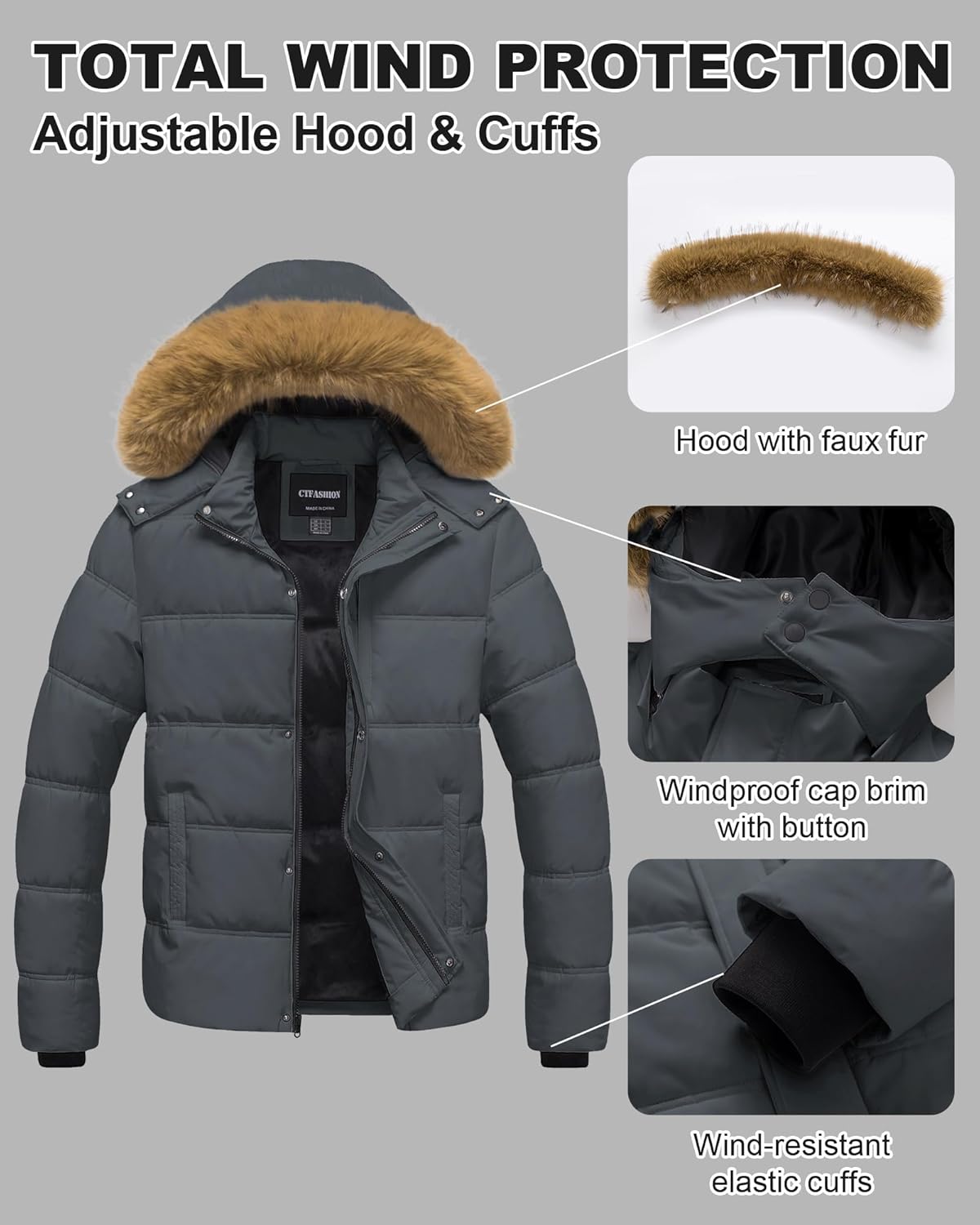 Men's Puffer Jacket Winter Coat Puffy Parka with Fur Hood Waterproof & Windproof Shell Fleece lining 4 Pockets