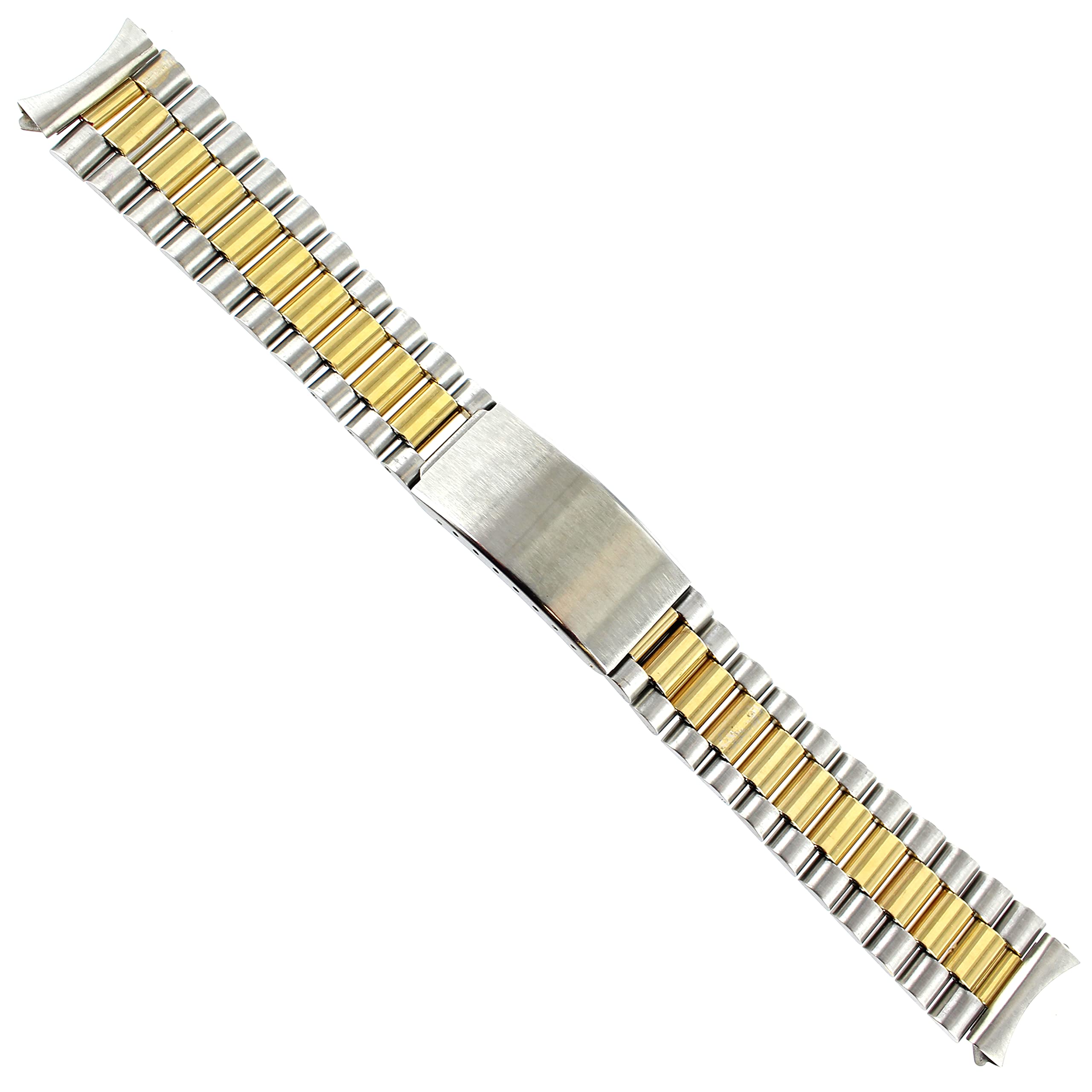 18mm Town & Country President Style Gold and Silver Two Tone Fold Over Adjustable Clasp Mens Watch Band With Silver Tone Curved Ends