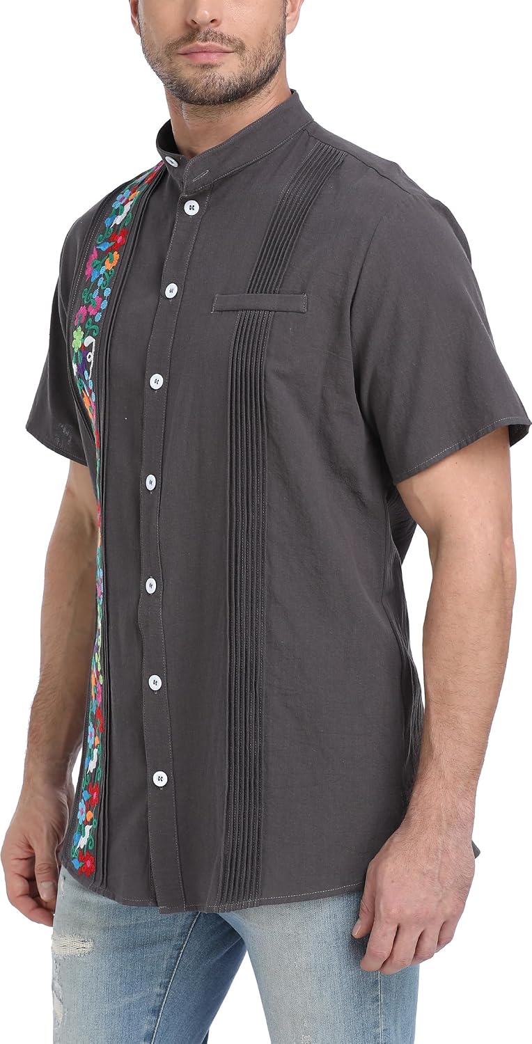 YZXDORWJ Men's Mexican Cuban Shirt Embroidered Traditional Button Down Shirt Summer Band Collar Short Sleeve Tops