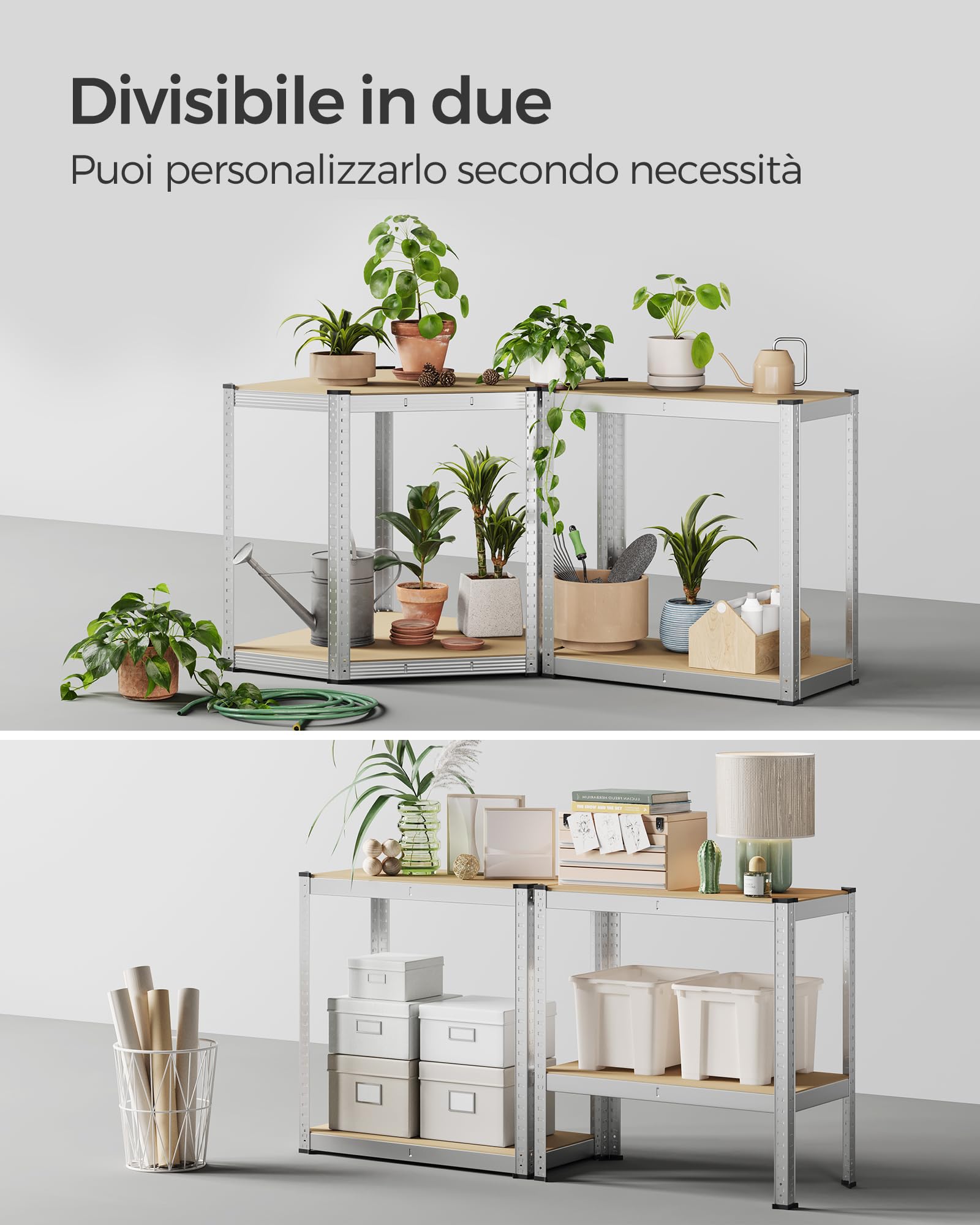 SONGMICS Set di Scaffale Angolare a 4 Ripiani, Scaffalatura ad Angolo in Acciaio per Carichi Pesanti, per Garage, Ripostiglio, Magazzino, Portante 1500 kg, Argento Pallido e Beige Naturale GLR056E03