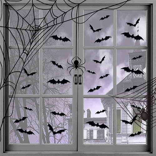 Miniatura 3 de 72 decoraciones de Halloween, 60 murciélagos de decoración de Halloween con 12 arañas, decoración de pared de murciélagos 3D, 4 tamaños diferentes,