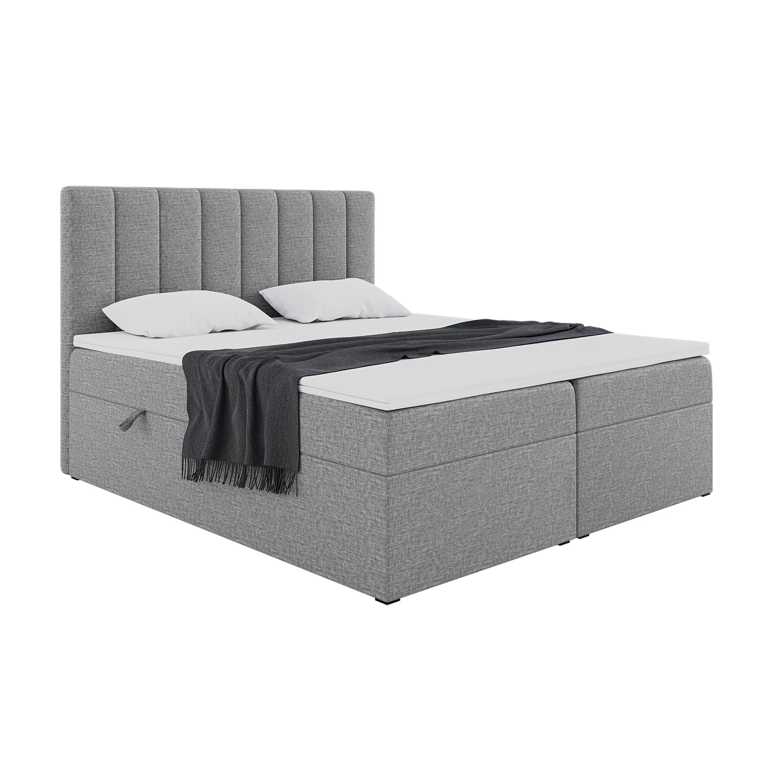 MEBLINI Boxspringbett mit Bettkasten - 180x200 - Gepolstert Doppelbett mit Matratze und Topper - Polsterbett mit Stauraum - Bett mit Kopfteil - Stauraumbett - Erling - H3/Grau Webstoff