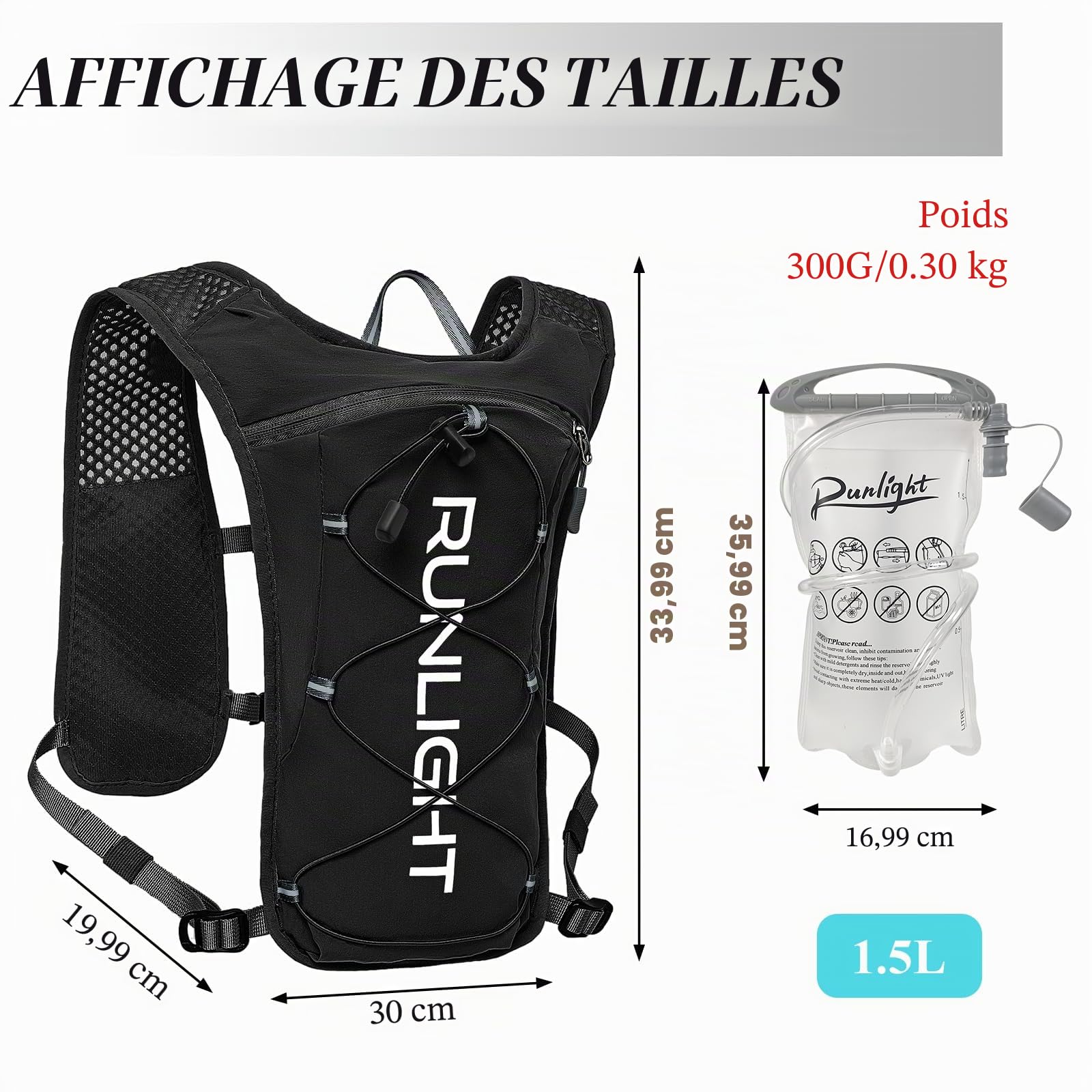 Runlight Gilet de course pour homme et femme, sangles de poitrine réglables, gilet d'hydratation avec bouteille d'eau de 1500 ml