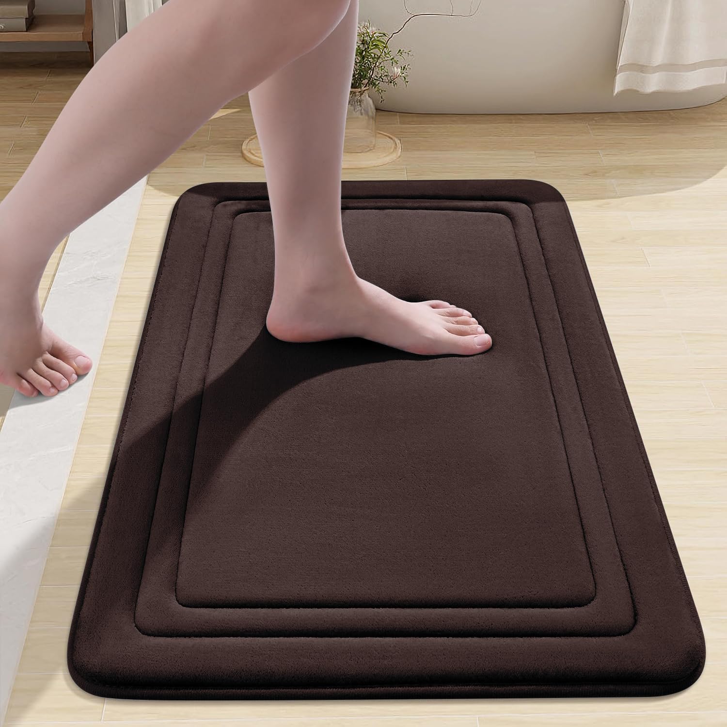 smiry Memory Foam Bath Mat - 50 x 75cm, Non-Slip, Super Absorbent, Comfortable - Machine-Washable Floor Rug, Brown