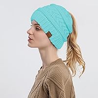 Vista 3 de Rosoz 1&2 Packs Ponytail Beanie for Women,Winter Warm Beanie Tail Soft Stretch Cable Knit Messy High Bun Hat
