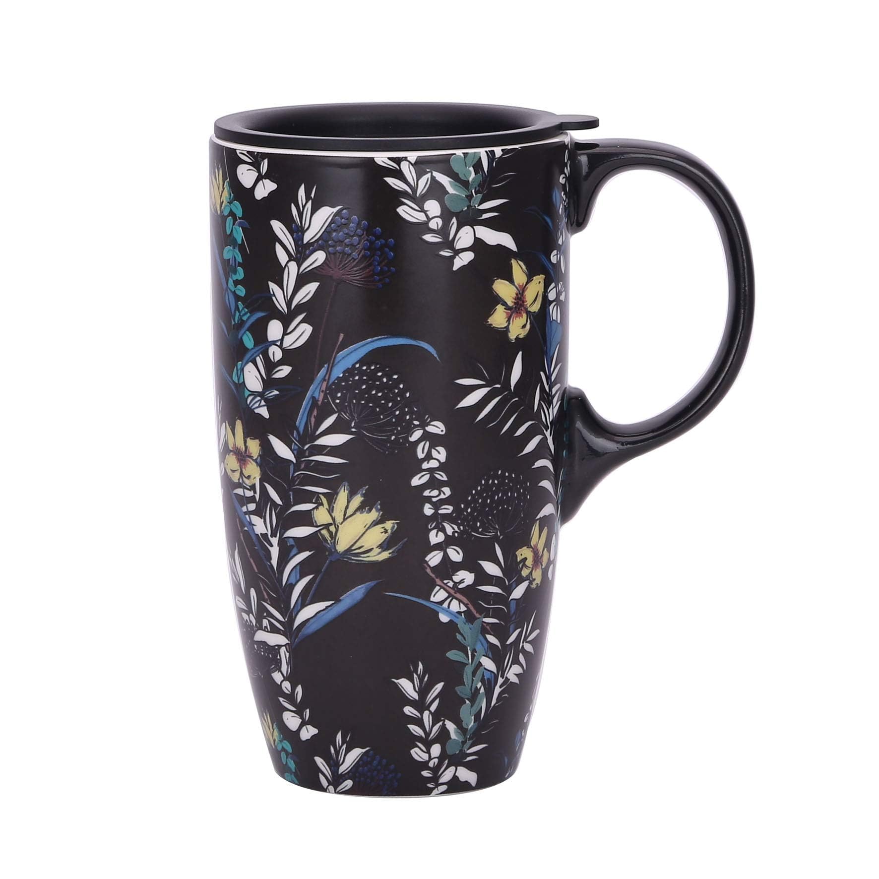 Ceramic Coffee Mug Porcelain Latte Travel Cup with Lid 17oz Microwave & Dishwasher Safe Coffee Tumbler, Black
