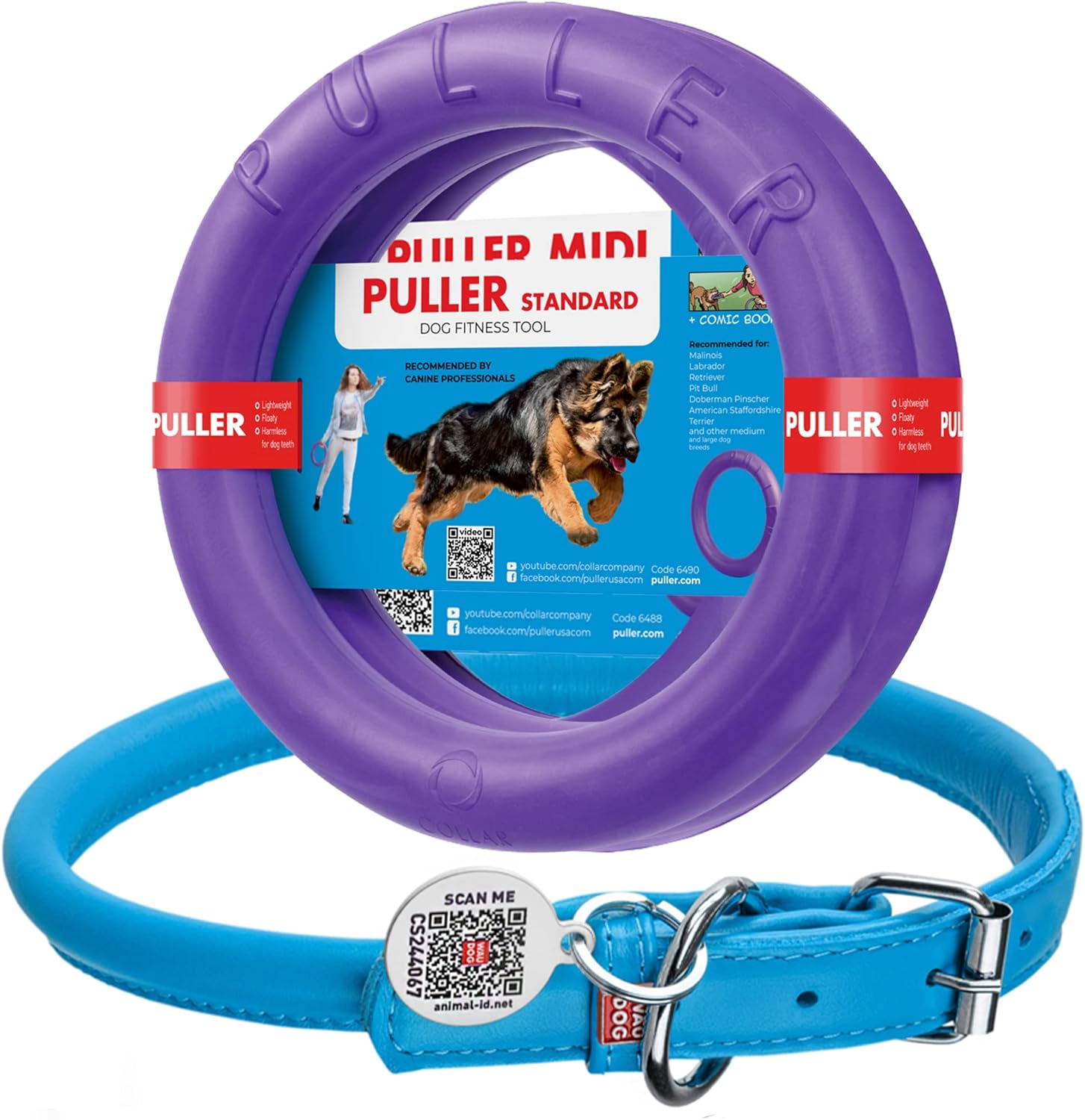 Rolled Leather Dog Collar Blue 18" - 21" Neck/Puller Dog Toy Standard