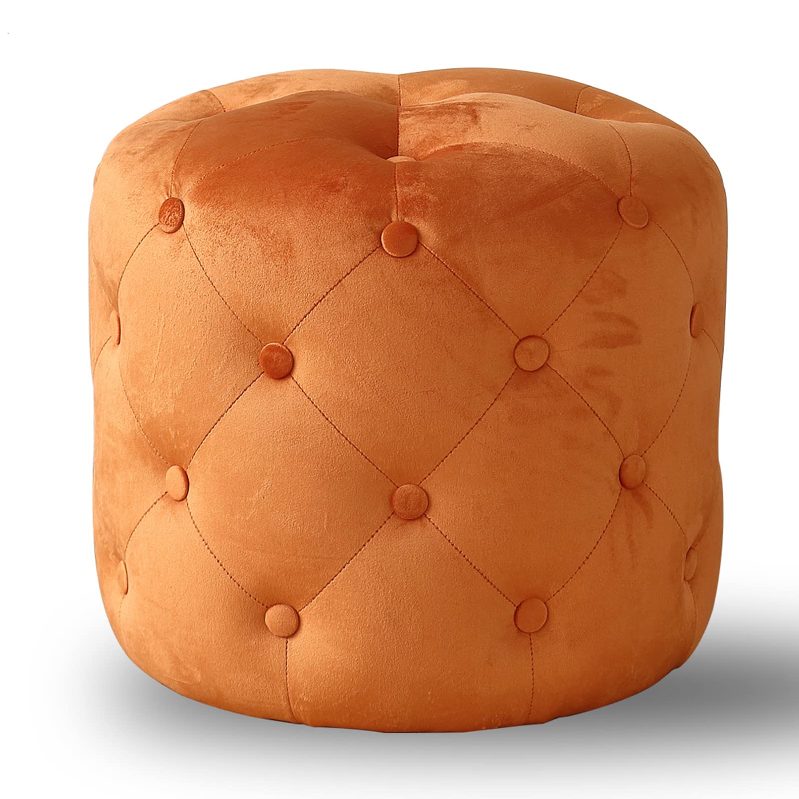 Round Tufted Velvet Ottoman,Modern Solid Wood Frame Foot Rest Stool for Living Room Hosting Room Bedroom,Upholstered Comfy Foot Stool-Orange 45x45x41cm(18x18x16inch)