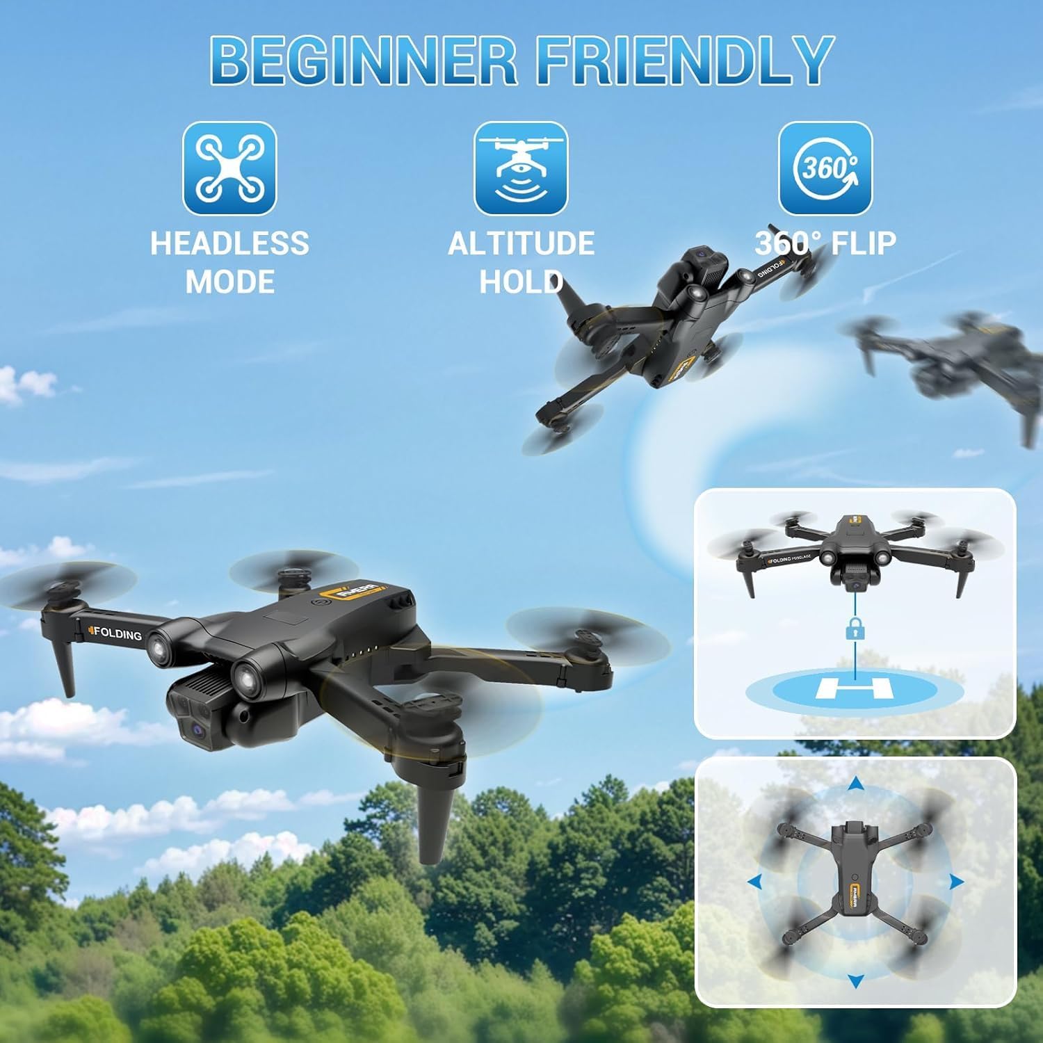 Drone for Kids Adults Beginner with Camera 1080P One-Click Take Off/Landing 3-Gear Speeds Altitude Hold Headless Mode, 360°Flip Under 249g