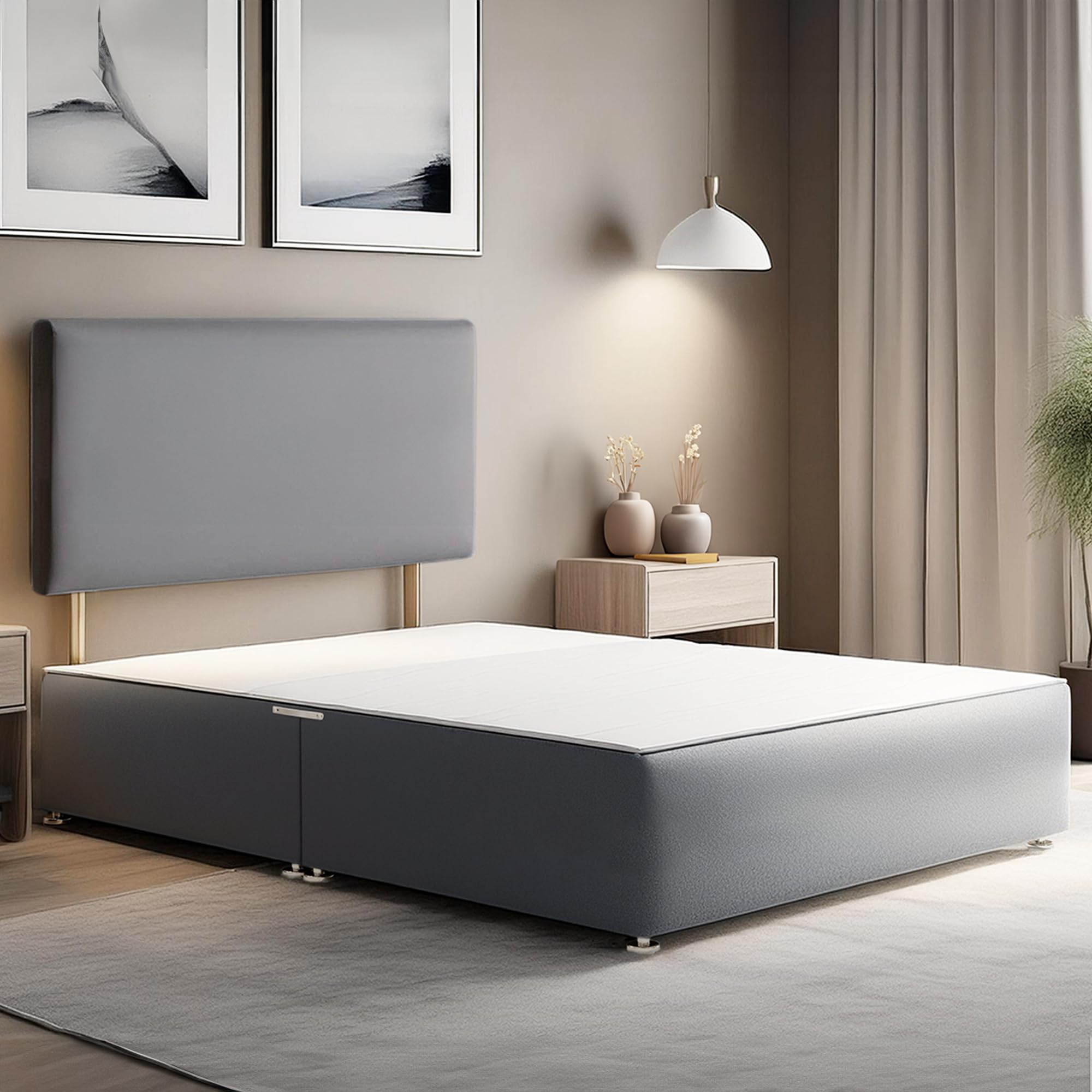 ComfoRest Double Divan Bed Base with Headboard, Grey Plush Frame