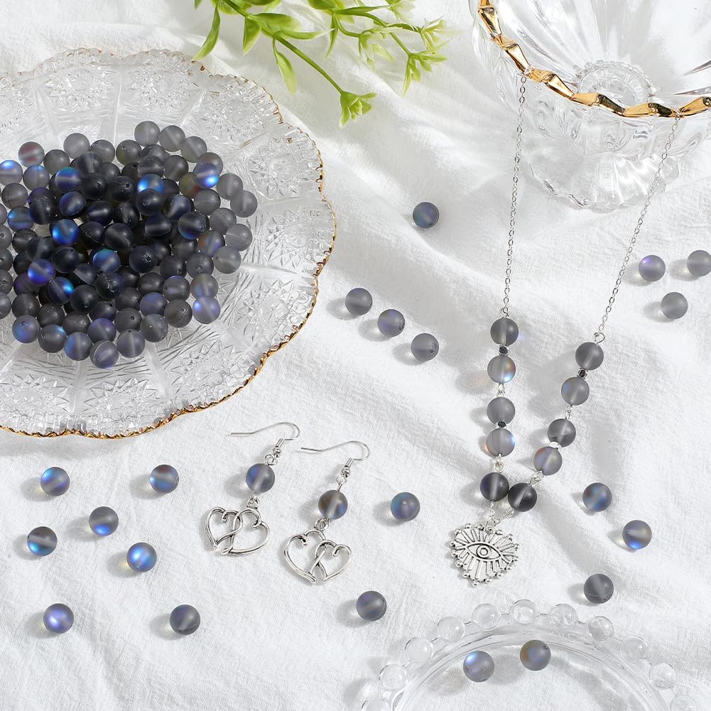 1 Box 150Pcs Matte Gray Beads Aurora Crystal Glass Beads 8mm Frosted Round Ball Mermaid Glass Moonstone Holographic Spacer Loose Bead for Jewelry Making Bracelet Necklace Supplies DIY Crafts