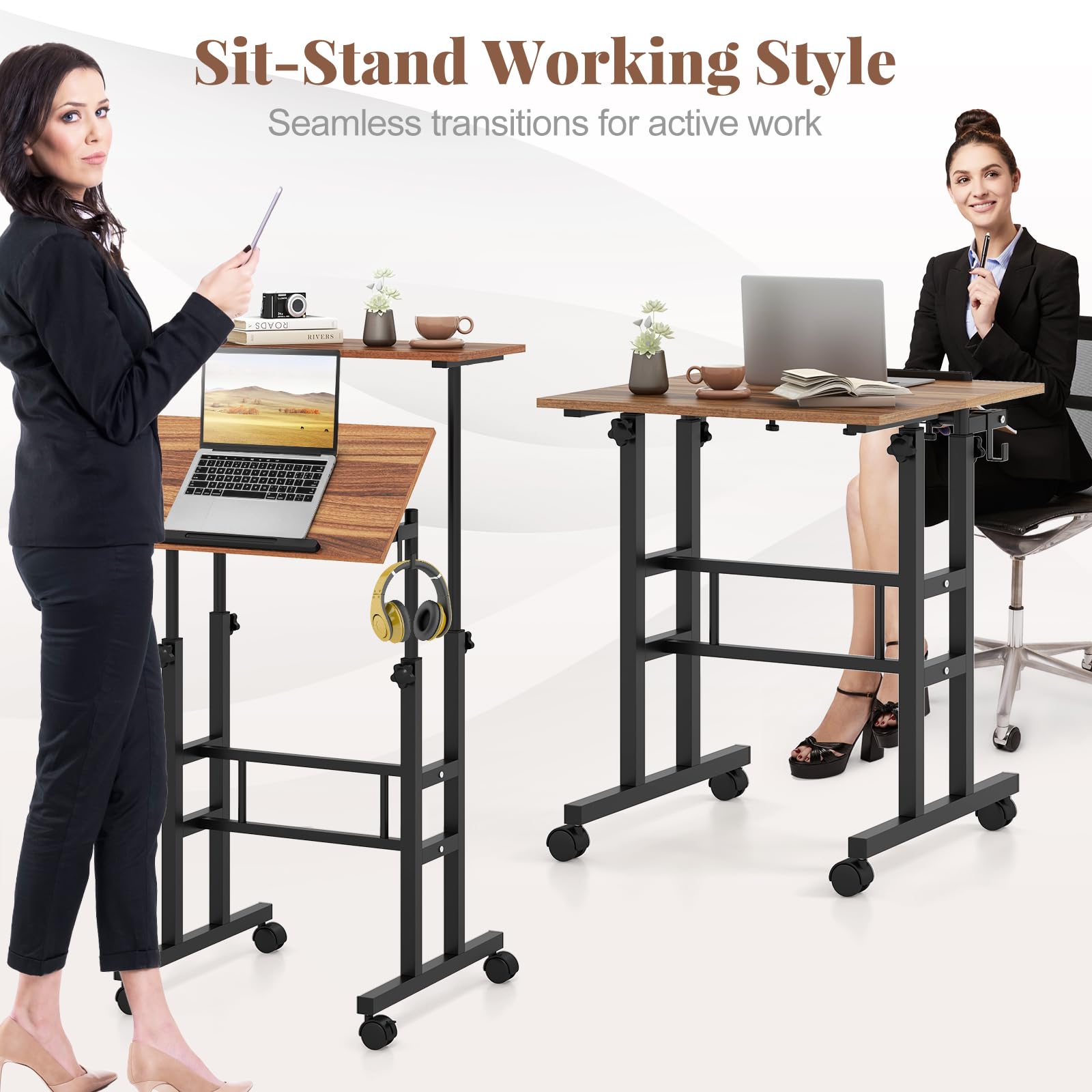 Giantex Mobile Standing Desk Portable Stand Up Desk Adjustable Height with Wheels Tilting Tabletop Hanging Hooks Home Office — view 8