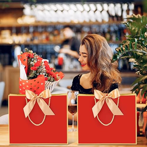 Miniatura 6 de Silkfly 12 bolsas de regalo de agradecimiento con asas de 11.8 x 10 x 4 pulgadas, bolsa de papel con cinta de lazo, bolsas de regalo para boda,