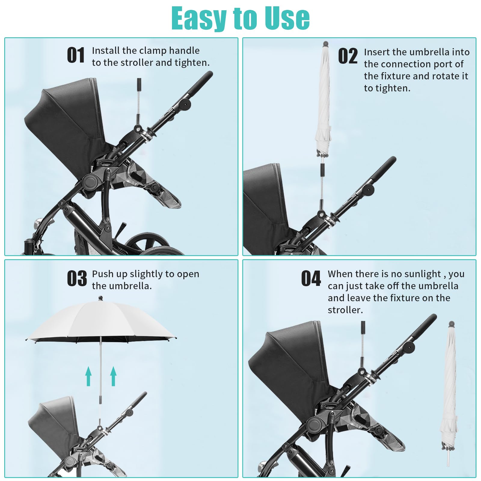 Sombrilla para cochecito y silla de paseo, protección UV 50 + / 75 cm de diámetro, protección solar universal, paraguas con abrazadera de metal, soporte para tubos redondos y ovalados, paraguas