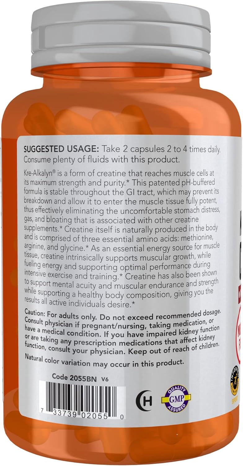 NOW Sports Nutrition, Kre-Alkalyn Creatine 750 mg, Mass Building*/Energy Production*, 120 Capsules : Health & Household