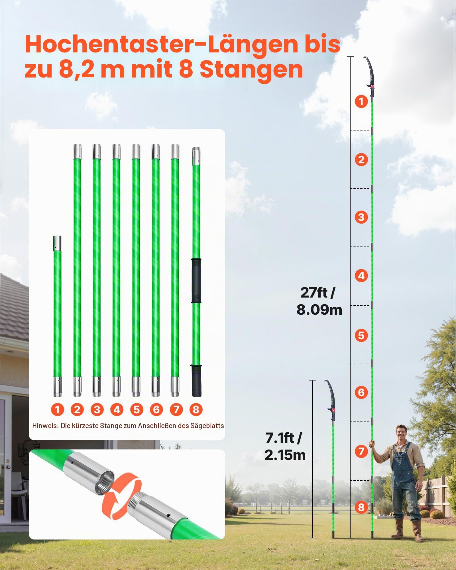 VEVOR Astsäge mit Teleskopstiel, 2,15-8,09 m einstellbar, Klinge aus 65Mn-Stahl, leichte Stange aus Fiberglas, zum Beschneiden hoher Äste, Teleskop Baumsäge für Palmen Sträucher