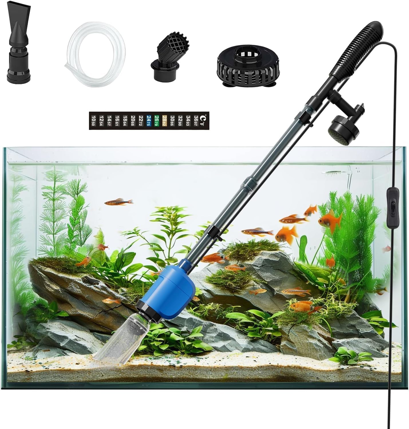 Electric Aquarium Gravel Cleaner, 6-in-1 Automatic Fish Tank Cleaner Vacuum – 32W 530GPH Powerful Gravel Vacuum for Aquarium, Sand Washer (Blue with Temperature Sticker)