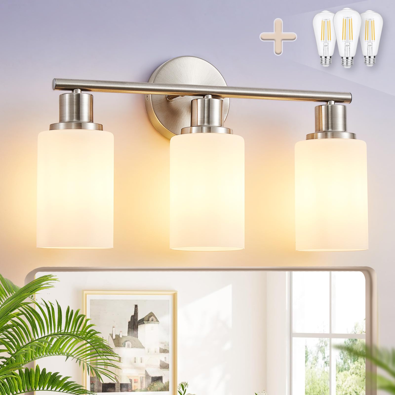 DLLT 3-Light Bathroom Light Fixtures Nickel Modern Vanity Lights with E26 Bulbs - Milky White Glass Shade Bathroom