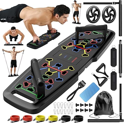 Push Up Board,Home Gym,Portable Exercise Equipment,Pilates Bar & 20 Fitness Accessories with Resistance Bands & Ab Roller Wheel,Full Body Workout at