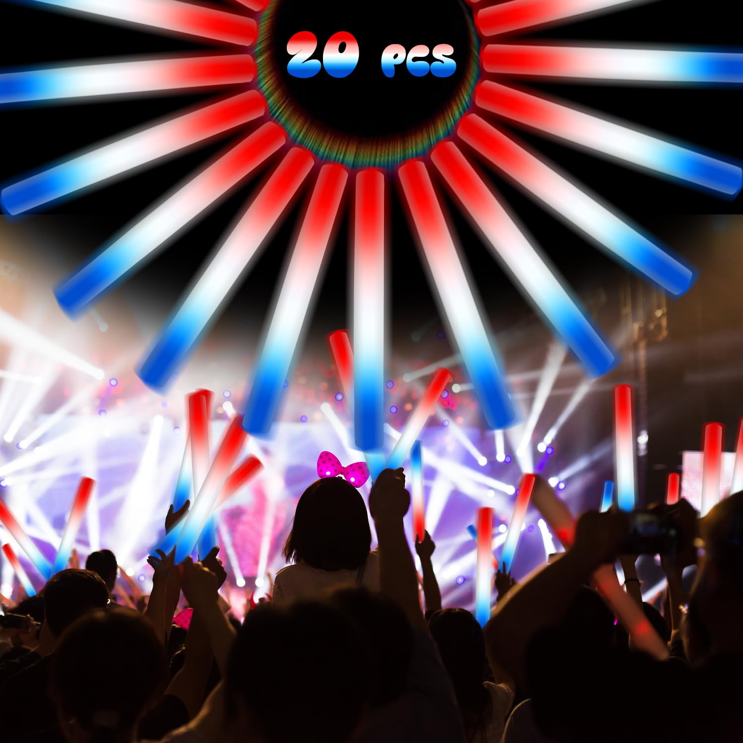 Photo 1 of 20Pack Patriotic Foam Glow Sticks with 3 Modes - Red White Blue LED Flashing Sticks Light up Glow in The Dark, 4th of July Party Supplies for Wedding/Parade/Carnival