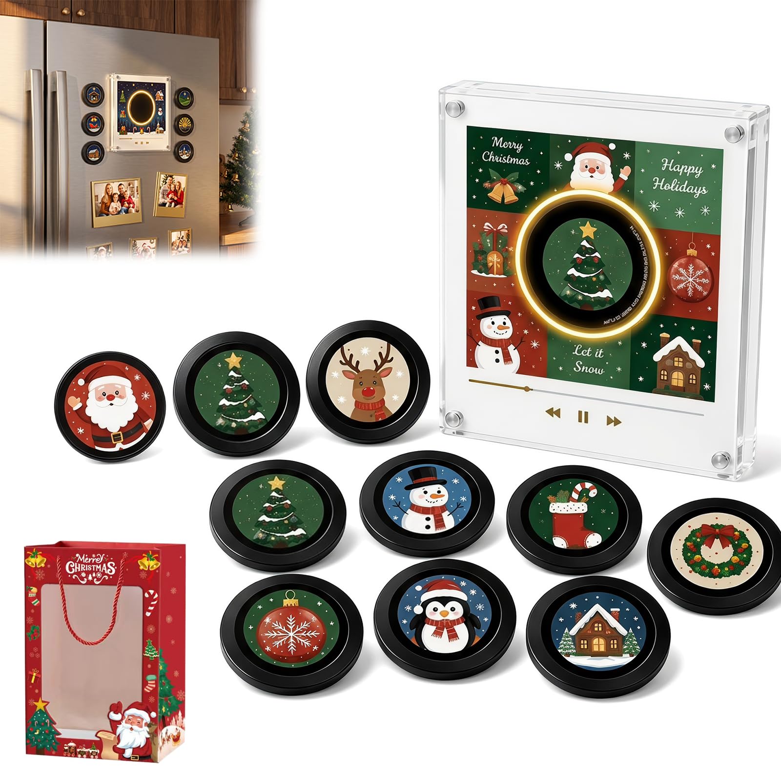 Magnete da frigorifero con lettore musicale, 9 dischi in vinile NFC, Natale