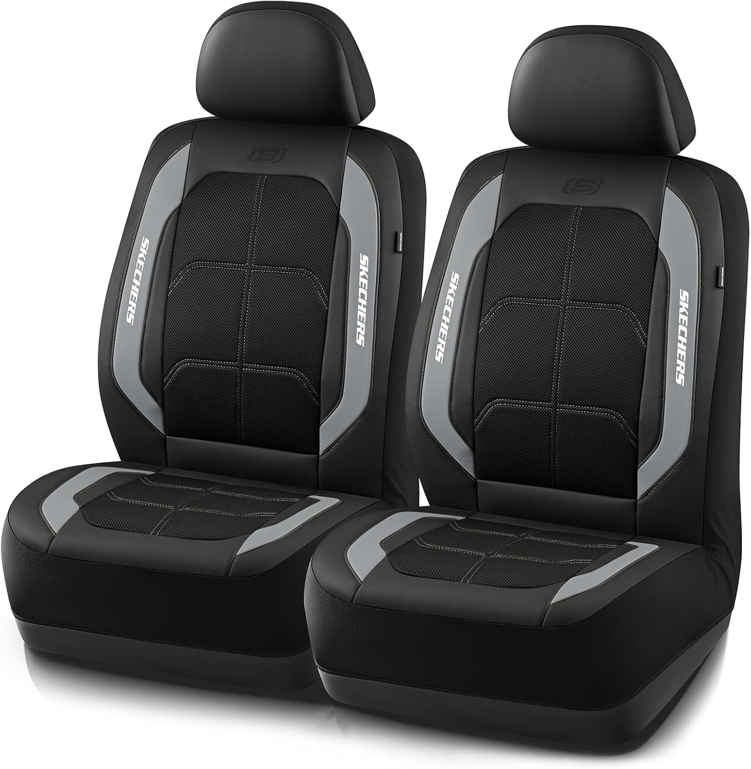 skechers air-cooled & memory foam seat covers-leather car seat cover supply ultimate comfort & support,front seats airbag compatible,universal fit for most cars,vans,trucks,suvs,gray two front black and grey