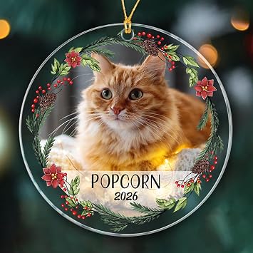 Personalized Loved Cat Christmas Ornament 2026, Wreath Photo Xmas Keepsake Ornaments Gift for Dog Cat Pet, Add Photo Cats 1st Christmas Ornament, Customized Name & Picture Loved Cats Xmas Ornaments