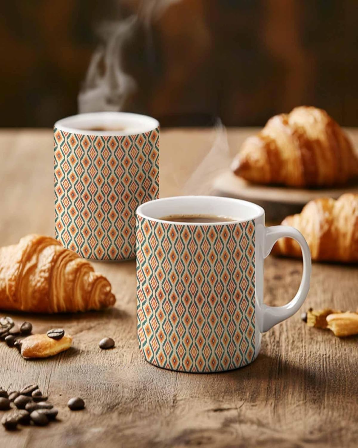 BEMIGO Ceramic Coffee Mug Boho Geometric Ceramic Mug White Cup, Country Orange Style Insulated Coffee Cup with Handle with Pattern Perfect for Tea and Hot Beverages, 12oz