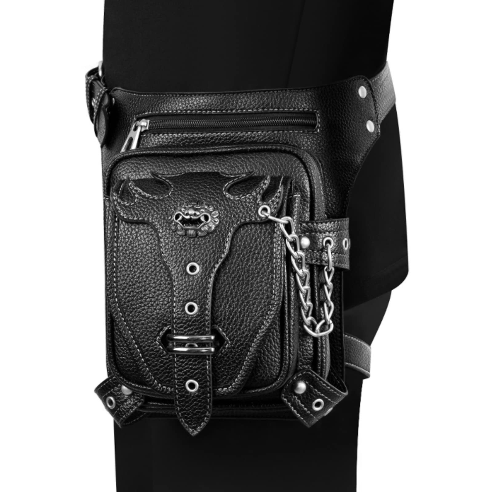 Punk Tactique Jambe Bras Sacs Banane Ville Sport Sac À Bandoulière Faux Cuir Sac Pack Ceinture pour Randonnée Camping Vélo Sport en Plein Air Waist Leg Shoulder Bag Noir (Dragon)