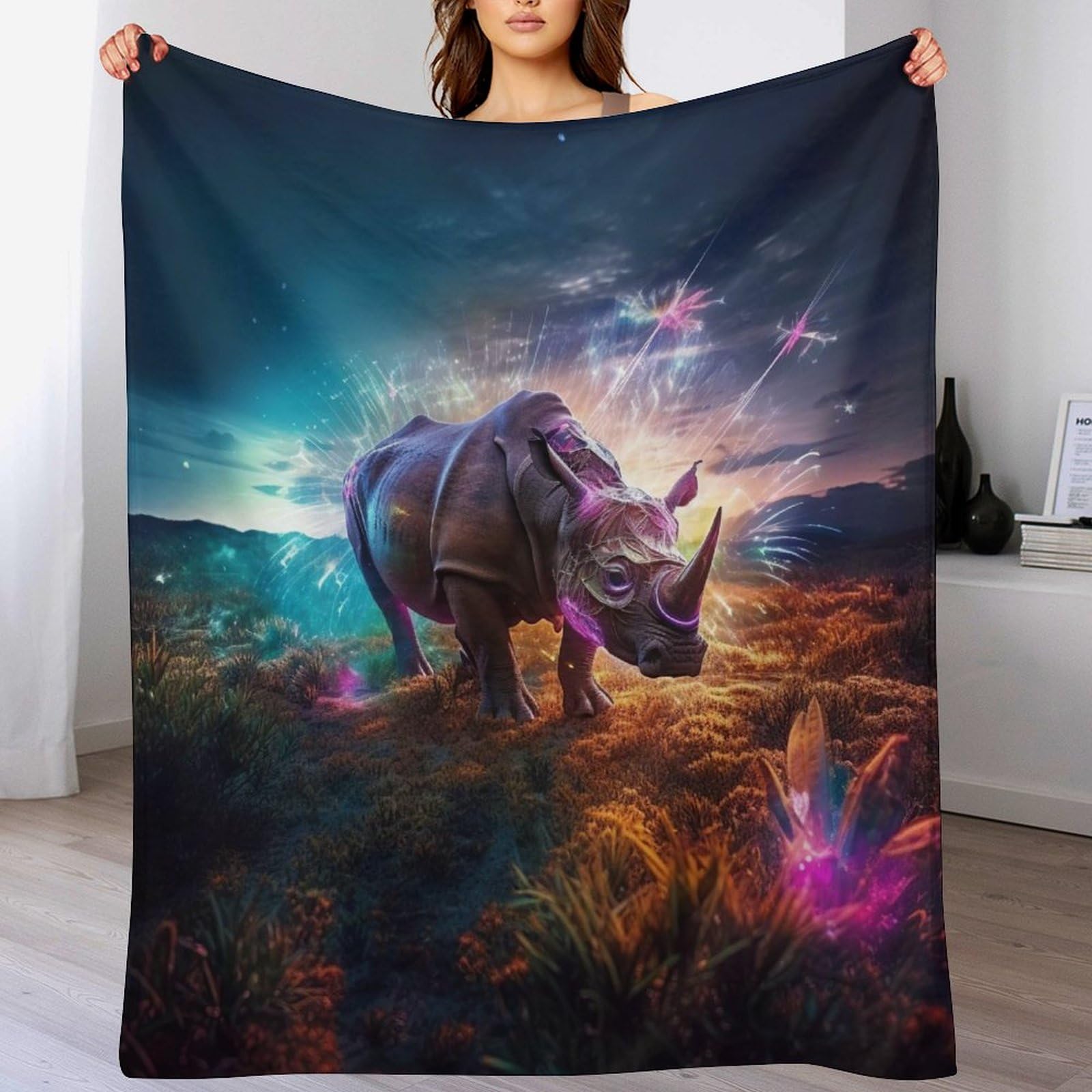 Plaid rhinocéros en flanelle polyester douce et chaude, couvre-lit 100x130 cm facile à nettoyer