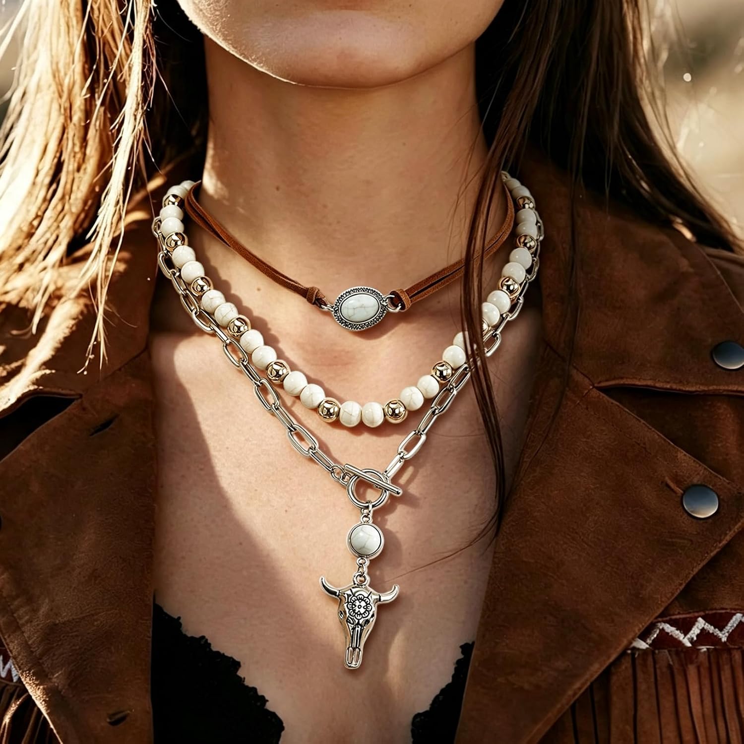 Fscwlmon 3 Pcs Layered Western Cowgirl Necklaces for Women Boho Turquoise Beaded Western Jewelry Rhinestone Cowboy Hat Boots Ox-Head Pendant Choker Paperclip Chain Cowboy Chic Country Accessory image 5