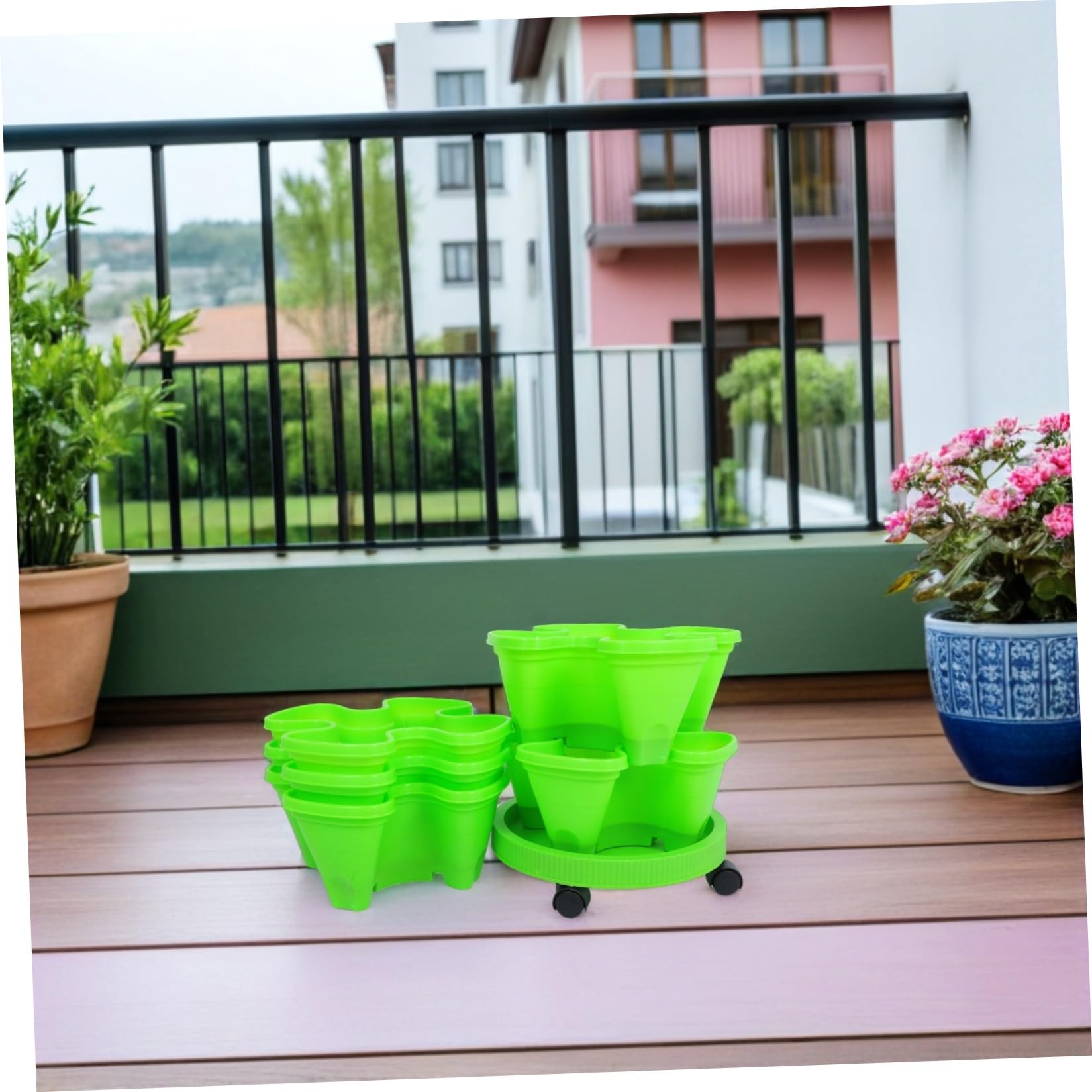 Tour à Fraisiers en Plastique Jardinière à Fraises Multi-Couches en Abs Vert, Roues Intégrées, Empilable, pour Balcon et Extérieur, Petites Fleurs et Herbes