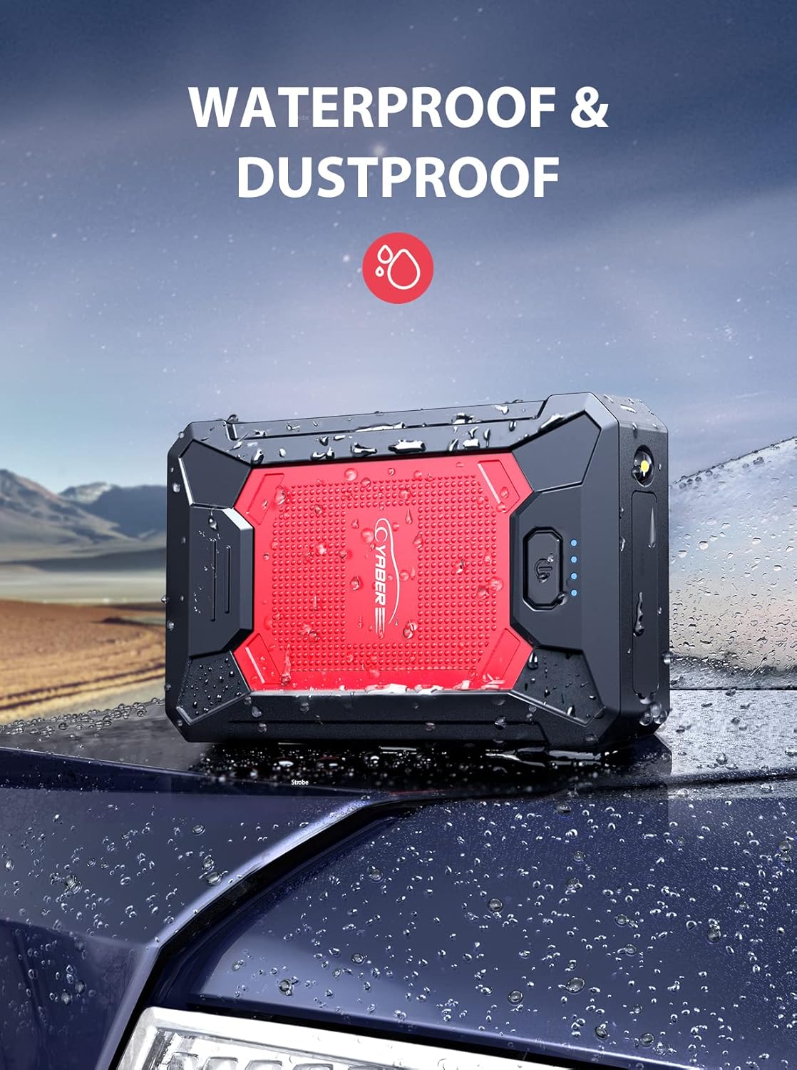 Arrancador YABER sobre la superfície humida d'un cotxe, que il·lustra la seva classificació d'impermeabilitat i resistència a la pols IP66.