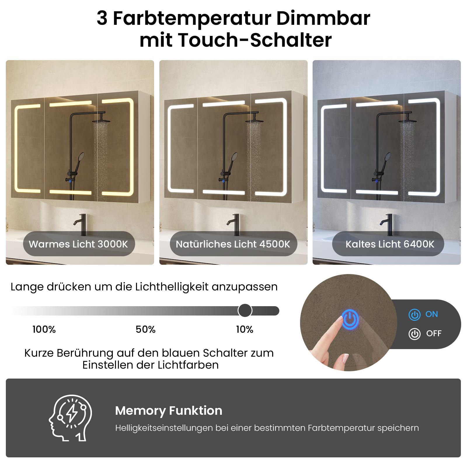 DICTAC Spiegelschrank Bad mit Beleuchtung und Steckdose Badezimmerschrank mit Spiegel und Verstellbarem Regal,Badschrank mit 3 Türen,Wandschrank,Hängeschrank,3 Farbtemperatur Dimmbare,80x60x16cm,Weiß