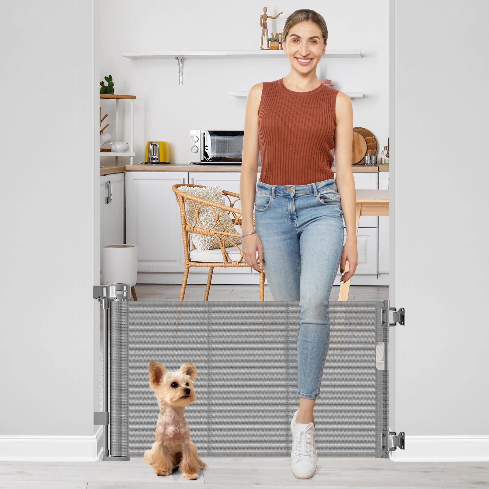 24" Tall Retractable Baby Gate - Step Over Pet Gate For Narrow Spaces, 0-39" Width, White Mesh