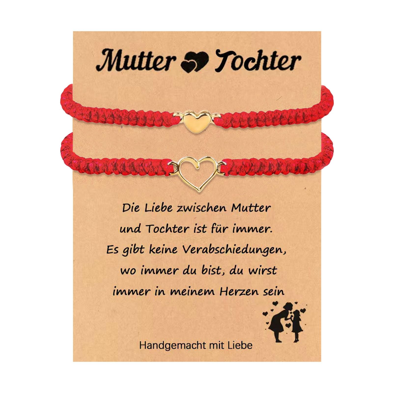Tirdkid Mutter-Tochter-Armband – Premium rote Schnüre Armbänder für Mutter und Tochter, ideal als Muttertagsgeschenk und Glücksarmband mit vergoldeten Herzanhängern (Rot)