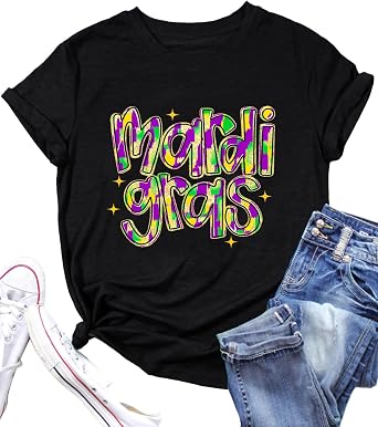 Mardi Gras Shirts for Women Carnival Outfit Fat Tuesday Tees New Orleans Short Sleeve Party Tops