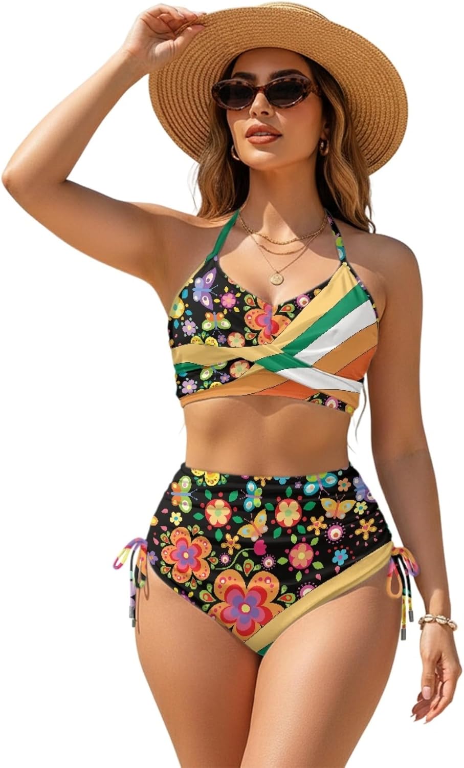 Cumagical Women Plus Size Modest Two Piece Tankini Set Bust Support Crisscross Back Bikini Set Resort Swimsuit for Women