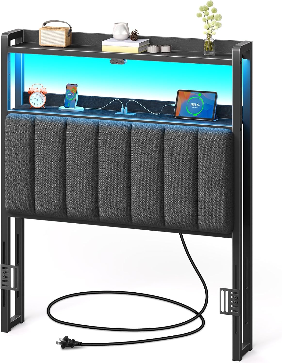 Rolanstar Headboard for Twin Size Bed with Storage, 60,000 DIY Color of LED Light, Head Board with USB & Type C Port, Height Adjustable, Black Upholstered Cabeceras de Cama Comfortable Modern, Linen Twin Linen Fabric Black