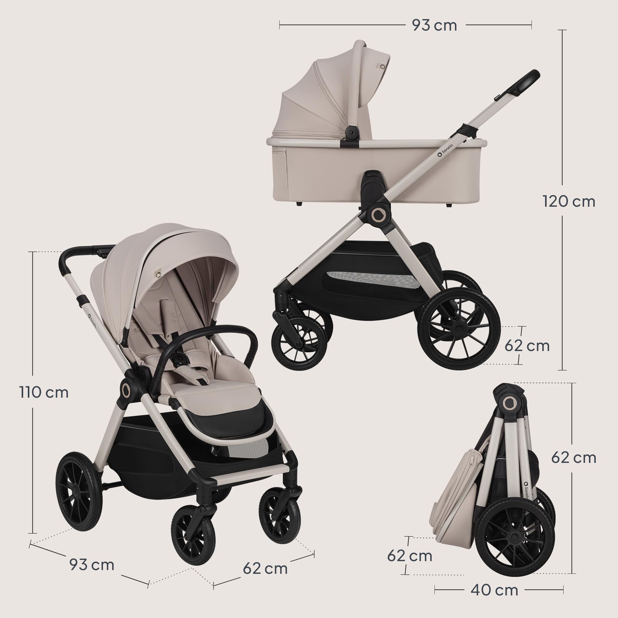 Lionelo Layla Carrito 2 en 1 Cochecito de Bebé (0-4 Años, Hasta 22 Kg), Capazo y Silla de Paseo, Asiento Reversible, Posición Reclinable, Ruedas PU, Suspensión, Capota Impermeable UPF50+